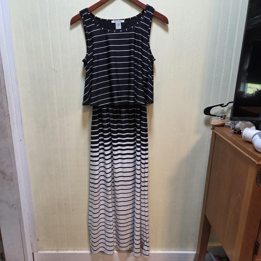 Sabrina Lauren Dress Womens Small Black Stripe Sleeveless Scoop Neck Maxi Boho